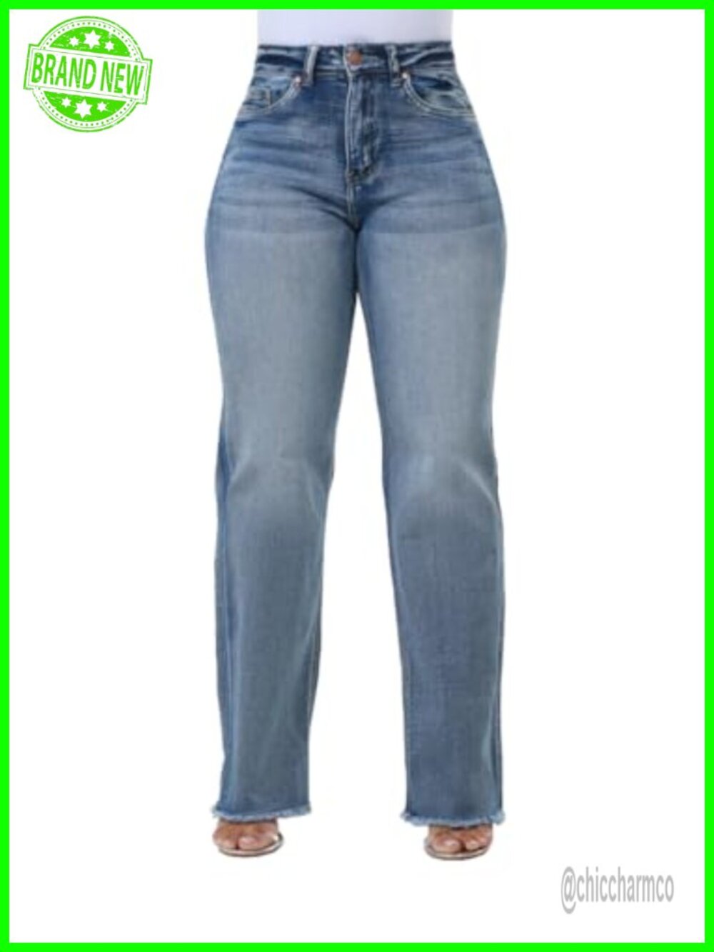 High Rise Wide Leg Straight Jeans Stretch Denim Pants Raw Hem